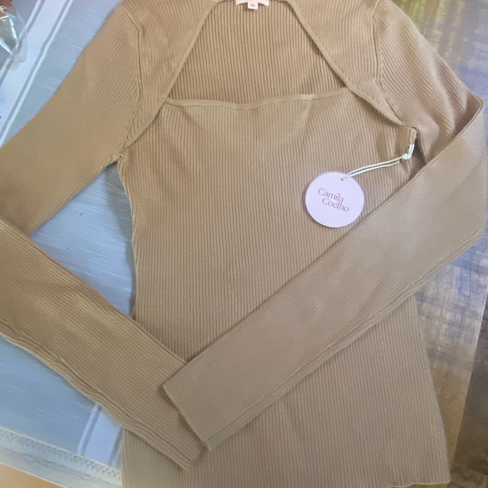 NWT Camila Coelho Roscoe Ribbed Turtleneck Sweater in Tan Size XL - Picture 2 of 7
